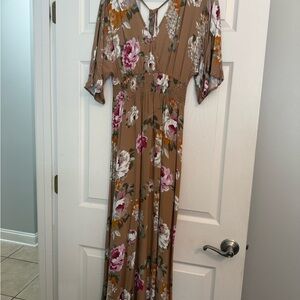 Elegant Floral Maxi Dress in Tan and Pink